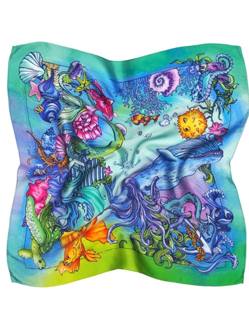 AD7-075 Apaszka jedwabna satynowa mat-b�ysk, motyw morski 68x68cm
